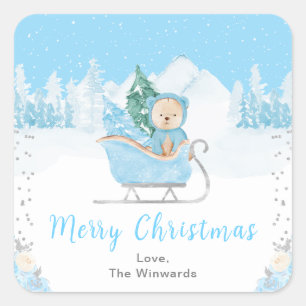 Pegatina Cuadrada Oso Invernal Trineo Azul Feliz Navidad