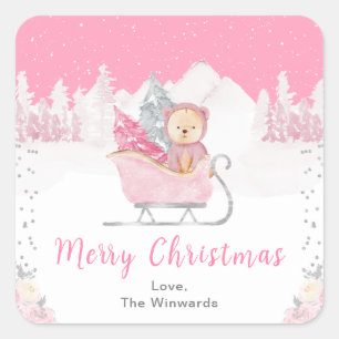 Pegatina Cuadrada Oso Invernal Trineo Rosa Feliz Navidad