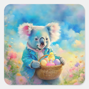Pegatina Cuadrada Oso koala sosteniendo una cesta de huevos de Pascu