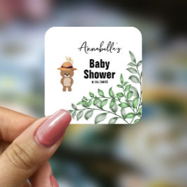 Pegatina Cuadrada Oso lindo en el Baby Shower maderero