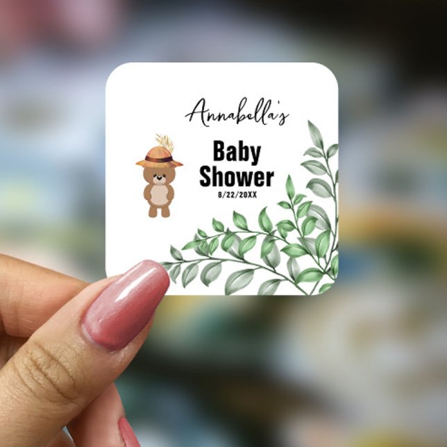 Pegatina Cuadrada Oso lindo en el Baby Shower maderero (Subido por el creador)