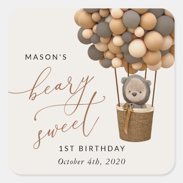 Pegatina Cuadrada Oso lindo, globos marrones, primer cumpleaños (Anverso)