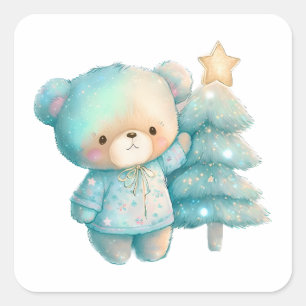Pegatina Cuadrada Oso lindo y vacaciones de árbol de Navidad
