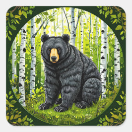 Pegatina Cuadrada Oso negro en bosque Vida silvestre Oso en abedules