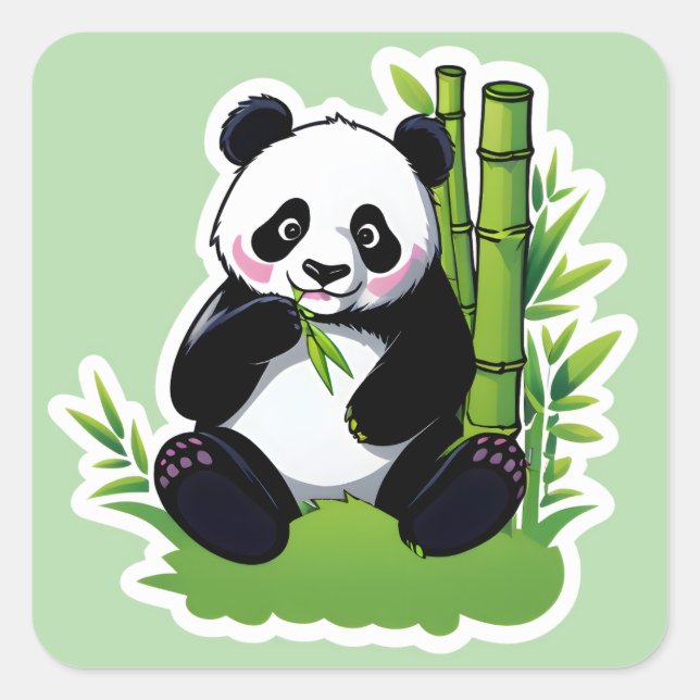 Pegatina Cuadrada Oso panda comiendo hojas de bambú (Anverso)
