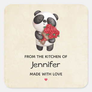 Pegatina Cuadrada Oso Panda Cute con Cocina Rose Bouquet