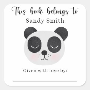 Pegatina Cuadrada Oso panda - Este libro pertenece con mensaje