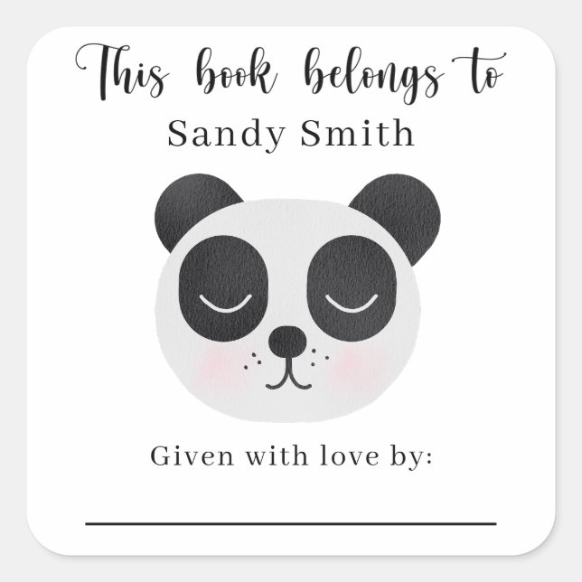 Pegatina Cuadrada Oso panda - Este libro pertenece con mensaje (Anverso)