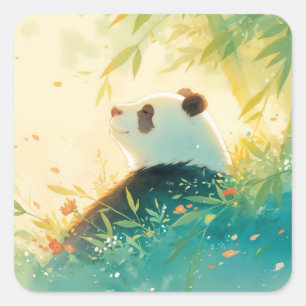 Pegatina Cuadrada Oso Panda Gigante Contemplando un Bosque de Bambú