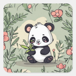 Pegatina Cuadrada Oso panda parlanchín con flores