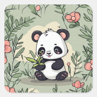 Pegatina Cuadrada Oso panda parlanchín con flores