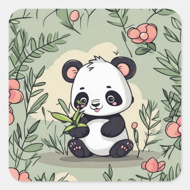 Pegatina Cuadrada Oso panda parlanchín con flores (Anverso)