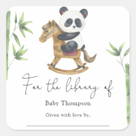 Pegatina Cuadrada Oso panda y bambú - Exlibris para baby shower
