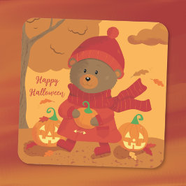 Pegatina Cuadrada Oso Pardo con Calabaza Sticker de Halloween