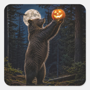 Pegatina Cuadrada Oso Pardo de Halloween con Jack-o-Lantern