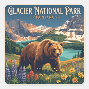 Pegatina Cuadrada Oso Pardo en Glacier National Park Montana