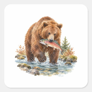 Pegatina Cuadrada Oso Pardo Pescando en un Arroyo