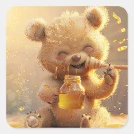 Pegatina Cuadrada Oso pequeño comiendo miel
