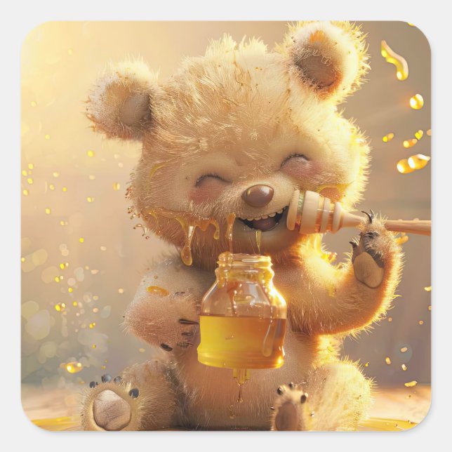 Pegatina Cuadrada Oso pequeño comiendo miel (Anverso)