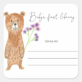 Pegatina Cuadrada Oso - Plancha de Baby Shower, libros para bebé