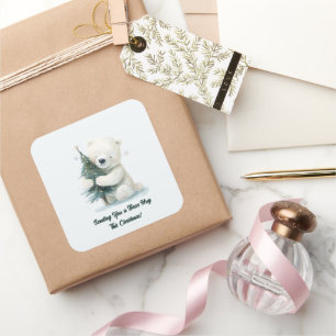Pegatina Cuadrada Oso Polar Adorable Abrazando árbol de Navidad, lin