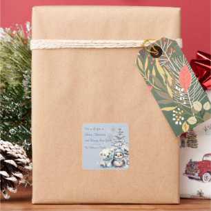 Pegatina Cuadrada Oso Polar Adorable y Pingüino Navidad Polo Norte