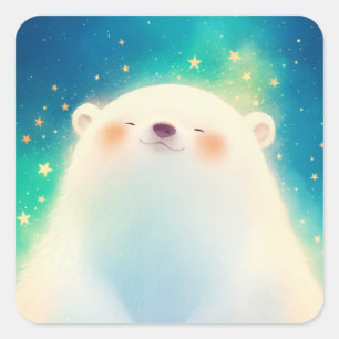 Pegatina Cuadrada Oso Polar Bebé Adorable con Sonrisa Feliz