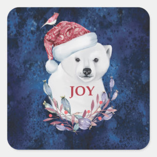 Pegatina Cuadrada Oso Polar Bebé Gorra Navidades de pájaro Alegría E