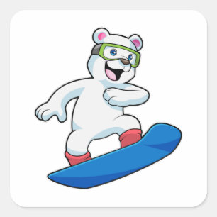 Pegatina Cuadrada Oso polar como snowboard con Snowboard