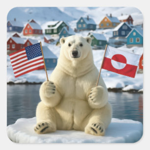 Pegatina Cuadrada Oso Polar Con Banderas de Groenlandia y Estados Un