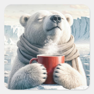 Pegatina Cuadrada Oso Polar Con Café Rojo
