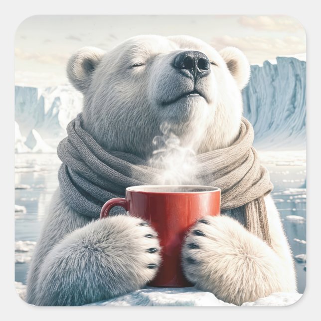 Pegatina Cuadrada Oso Polar Con Café Rojo (Anverso)