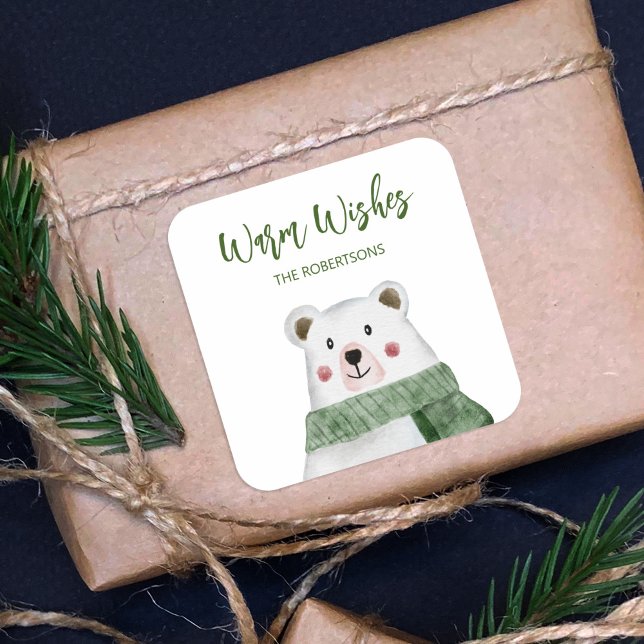 Pegatina Cuadrada Oso Polar Cuidadoso Con Navidades De Papeleta Verd (Subido por el creador)