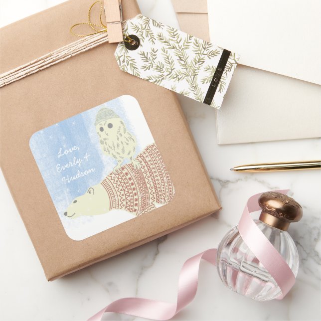 Pegatina Cuadrada Oso Polar de búho Gorras y sudaderas estrellas tam (Regalar)