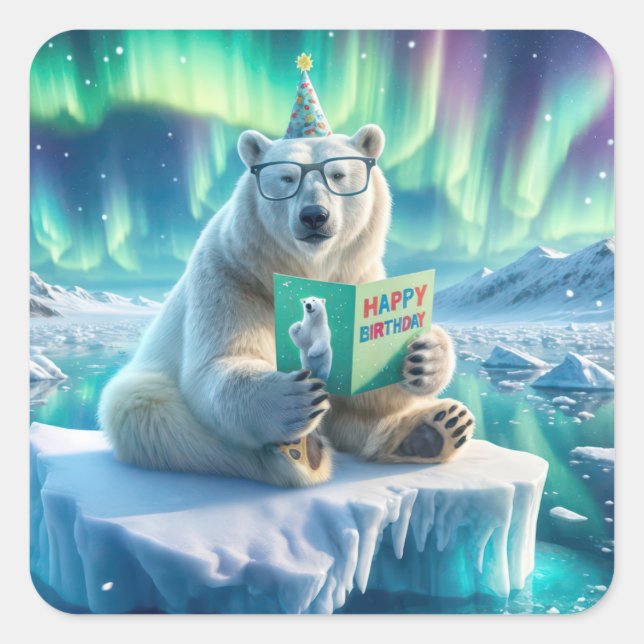 Pegatina Cuadrada Oso Polar de Cumpleaños en un Iceberg (Anverso)