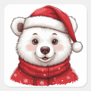 Pegatina Cuadrada Oso Polar de Navidad con Sombrero de Santa