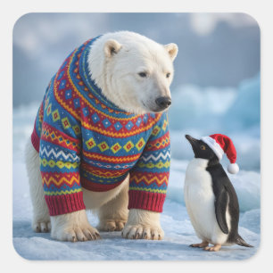Pegatina Cuadrada Oso Polar de Navidad y Amigos Pingüinos