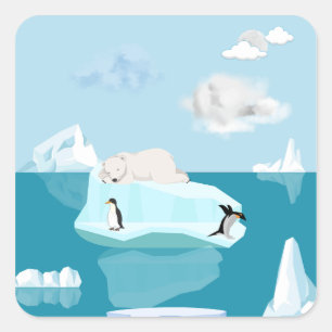 Pegatina Cuadrada Oso polar durmiendo y pingüinos en una pegatina.