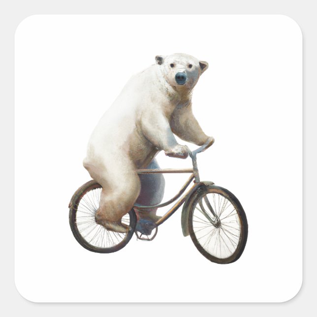 Pegatina Cuadrada Oso Polar En Bicicleta (Anverso)