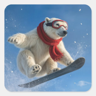 Pegatina Cuadrada Oso Polar en el Aire en una Snowboard