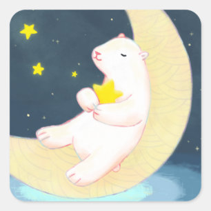 Pegatina Cuadrada Oso Polar, la luna y las estrellas