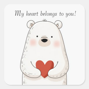Pegatina Cuadrada Oso polar lindo abrazando un corazón rojo - amor