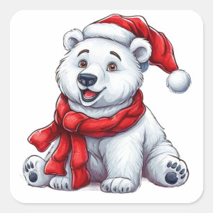 Pegatina Cuadrada Oso polar lindo con sombrero y bufanda de Santa