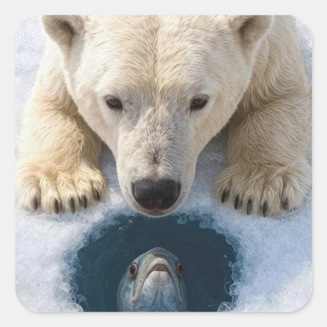 Pegatina Cuadrada Oso Polar Mirando a un Pez (Anverso)