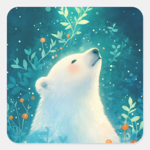 Pegatina Cuadrada Oso Polar Mirando Hacia Arriba en Pradera Botánica