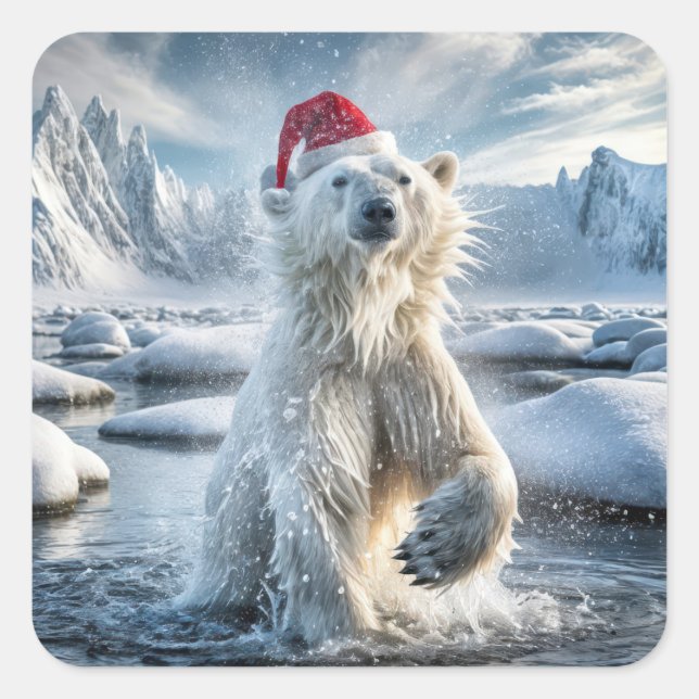 Pegatina Cuadrada Oso Polar navidad En Agua Ártica (Anverso)