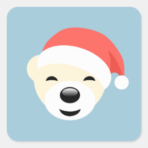 Pegatina Cuadrada Oso polar navidad en Gorra rojo con azul claro