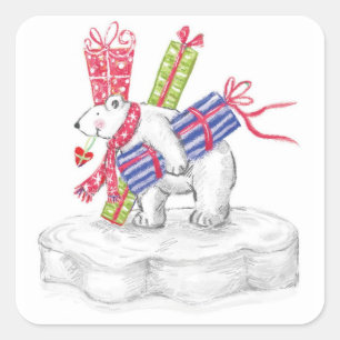 Pegatina Cuadrada Oso polar Personalizado lindo con regalo de Navida