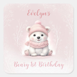 Pegatina Cuadrada Oso Polar Rosa de Invierno Beary 1er cumpleaños