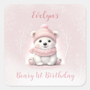 Pegatina Cuadrada Oso Polar Rosa de Invierno Beary 1er cumpleaños
